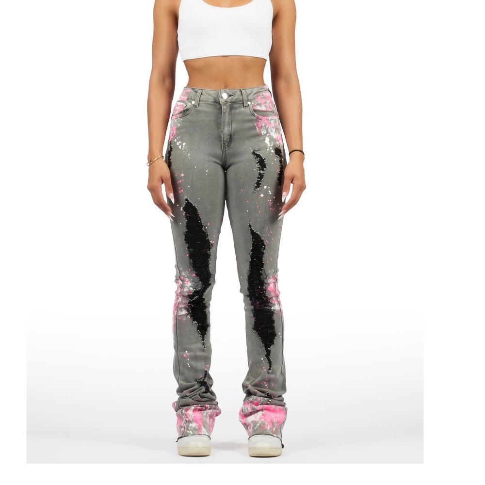Rockstar Original Terrika grunge Wash Paint Super Stacked Jean M Pink distressed